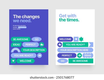 Layout template with geometric shapes and y2k patches, labels, tags, stickers for flyer, poster, cover, brochure or banner. 
