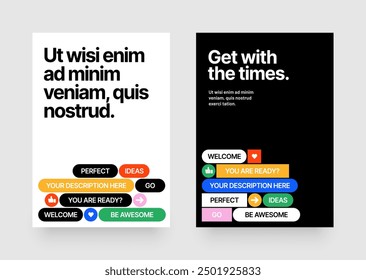 Plantilla de diseño con Formas geométricas y parches y2k, etiquetas, etiquetas, pegatinas para flyer, póster, portada, folleto o Anuncio. 
