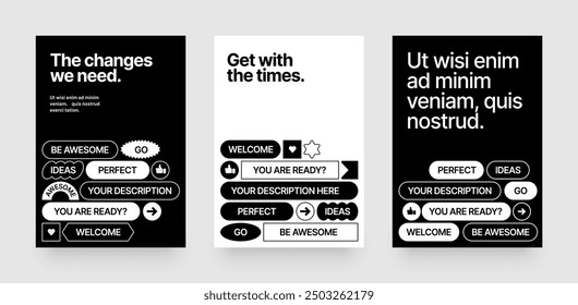 Layout template with geometric shapes and y2k patches, labels, tags, stickers for flyer, poster, cover, brochure or banner. 