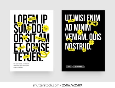 Plantilla de diseño con Formas geométricas y parches y2k, etiquetas, etiquetas, pegatinas para flyer, póster, portada, folleto o Anuncio. 