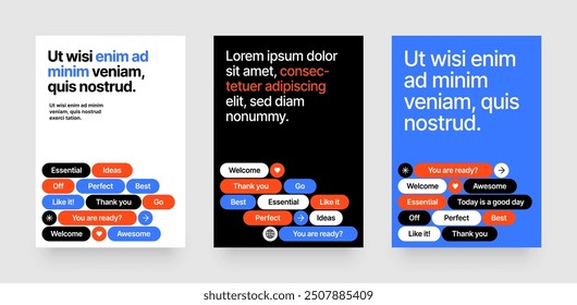 Layout template with geometric shapes and y2k patches, labels, tags, stickers for flyer, poster, cover, brochure or banner. 