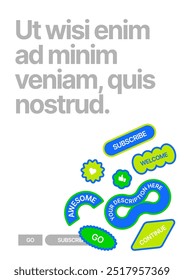 Layout template with geometric shapes and y2k patches, labels, tags, stickers for flyer, poster, cover, brochure or banner. Font and paper product used for message.