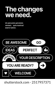 Modelo de layout com formas geométricas e patches y2k, rótulos, etiquetas, adesivos para folheto, cartaz, capa, brochura ou banner. Fonte e produto de papel usados para a mensagem.