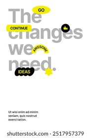 Modelo de layout com formas geométricas e patches y2k, rótulos, etiquetas, adesivos para folheto, cartaz, capa, brochura ou banner. Fonte e produto de papel usados para a mensagem.