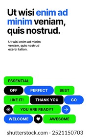 Layout template with geometric shapes and y2k patches, labels, tags, stickers for flyer, poster, cover, brochure or banner. Font and paper product used for message.