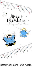Diseño, plantilla para tarjetas de felicitación, postal en formato vertical en Año Nuevo, tema de Navidad. Ángeles, palomas, guirnaldas, letras alegres de Navidad y Año Nuevo. Fondo del copo de nieve.