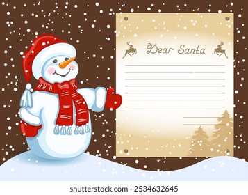 Layout template letter to Santa Claus with cartoon funny Snowman with Christmas letter for Santa Claus in the background of snowfall.