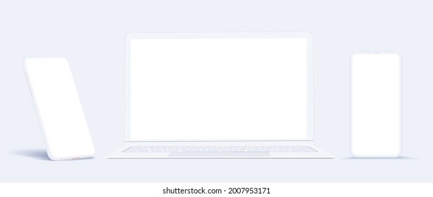 The layout is a template for a mobile phone and a laptop. A white phone in the rotated position with a blank screen for design. Snow-white, lightweight design of  phone and laptop. Vector illustration