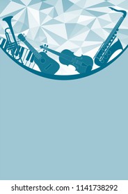 Layout template with Musical instruments and triangle background. Vector illustration
