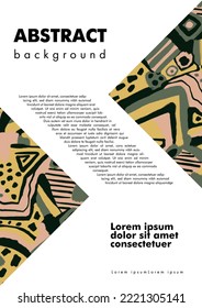 Layout template with patterned triangles. Geometric forms with  colorful abstract pattern with colorful brush stroke stains. Lines, spots, dots, curves and text blocks