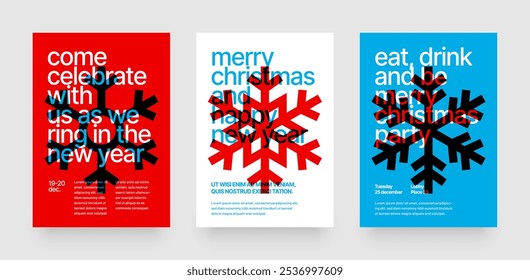 Modelo de layout com flocos de neve para folheto, cartão de saudação, cartaz, banner, convite de festa de Natal. Feliz Ano Novo e Feliz Natal. Fonte e produto de papel usados para a mensagem. 