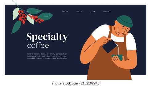 Cafetería especial de plantilla de diseño. Barista feliz haciendo arte de café con leche. Caracter masculino preparando capuchino. Rama de árbol de café, hojas y berry. Ilustración vectorial, banner, afiche, volante