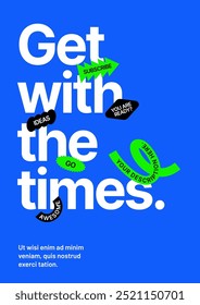 Modelo de layout com quadro de texto. Design com formas geométricas e patches y2k, rótulos, tags, adesivos. 