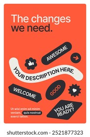 Modelo de layout com quadro de texto. Design com formas geométricas e patches y2k, rótulos, tags, adesivos. 