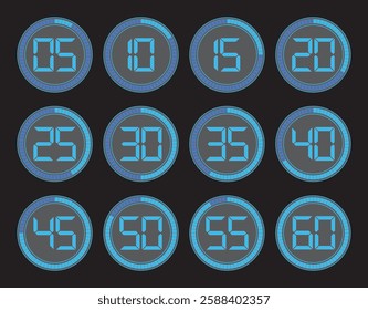 Layout of timers with time elapsing. Set of chronometers. Series of stopwatch icons marking 5 to 60 min intervals. Set of Simple Timers. EPS 10. Vector illustrations