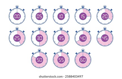 Layout of timers with time elapsing. Set of chronometers. Series of stopwatch icons marking 5 to 60 min intervals. Set of Simple Timers. EPS 10. Vector illustrations