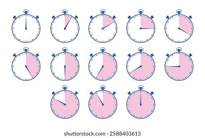 Layout of timers with time elapsing. Set of chronometers. Series of stopwatch icons marking 5 to 60 min intervals. Set of Simple Timers. EPS 10. Vector illustrations