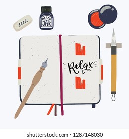 Layout With Tools For Calligraphy. Lettering Practice In Sketchbook With Japanese Calligraphical Brush, Fountain Pen, Black And Red Ink. Cartoon Vector Flat Lay On White Background For Social Media.