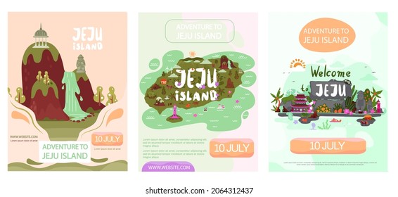 Diseño del sitio web de viajes que describe el lugar para los turistas. Conjunto de ilustraciones sobre la aventura en el afiche conceptual de la isla Jeju. Naturaleza y arquitectura de las islas tropicales. Hermoso paisaje de Jeju