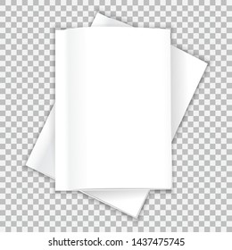 The layout of the two white soft-cover books, one on top of the other, lie on the table. Soft shadows. Ready to insert text or image. Isolated on a transparent background. Vector illustration.
