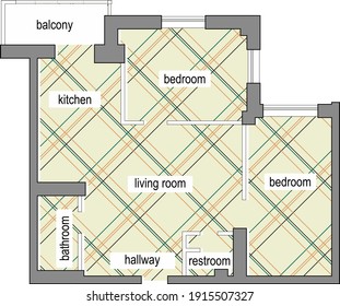 Layout of a two-bedroom apartment. Construction project and Architectural drawing 