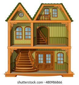 Layout of two-story house with an attic floor isolated on white background. Cartoon vector illustration close-up.