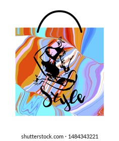 Layout vector abstraction with the silhouette of a girl in a hat, suitable for brand packaging of stylish clothes, accessories, fabric. Bright background is suitable for packaging, posters, sites