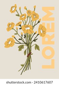 Layout vector flowers bouquet illustration, yellow flowers, modern art, art deco, flowers, colors.