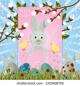 layout in vector, greeting Easter card with painted eggs, rabbit foliage and a branch of willow plants
