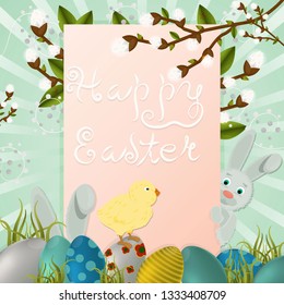 layout in vector, greeting Easter card with painted eggs, rabbit foliage and a branch of willow plants