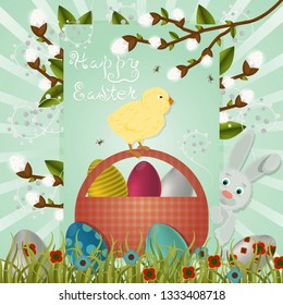 layout in vector, greeting Easter card with painted eggs, rabbit foliage and a branch of willow plants