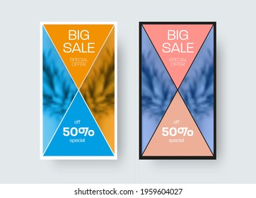 Layout of vector post with triangular design on white, black background for social media, promotion. Rectangular stories template for special offer, big sale, discounts. Set of banners for advertising