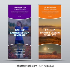 Layout of vector roll up banner for presentation and media advertising, poster for business and company. Stand template with design isolated on gray background. Set of vertical j-flags