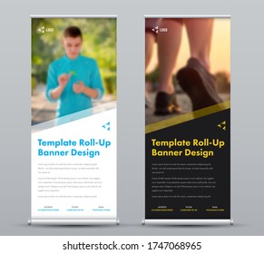 Layout of vector roll up poster with diagonal design and insert for photo, white and black X-banner for print, media advertising. Business stand presentation template isolated on gray background.