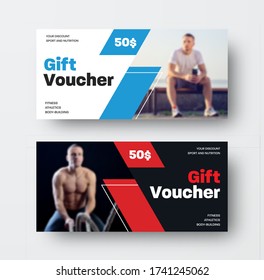 Layout of a vector voucher with a photo of an athlete, with a special offer, black and white gift card on the theme of sports, nutrition.Certificate design presentation template in red and blue colors