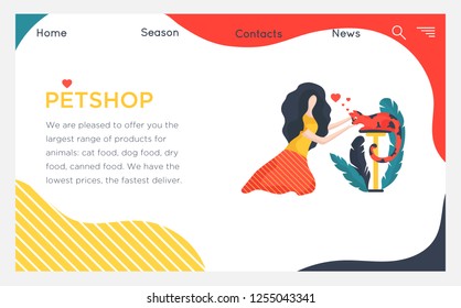 Layout of the web page of the pet store. Vector illustration of young girls who spend time with their Pets, cats. Hold the cat in your arms, play.Illustrations for web, posters. Flat cartoon style