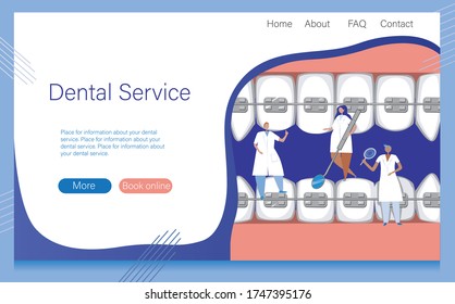 Layout of the website with dentists or orthodontists and teeth with braces for landing. Stock vector flat illustration as a template for an orthodontic services site or clinic with buttons for landing