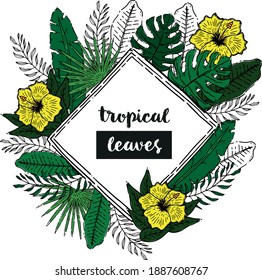 Layout for wedding invitation or announcement. Frame with hand drawing exotic and tropical leaves and flowers.