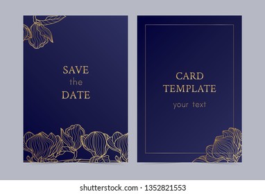 The layout of the wedding invitation with gold flowers