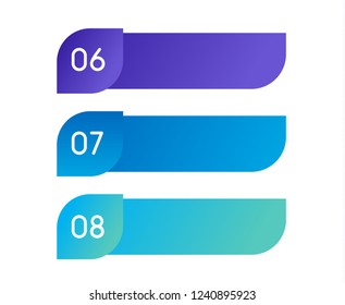 Layout workflow. Outline colorful menu for app interface. Number options. Web design elements for button element. Infographics vector template. Infographics web. 6.7.8. Illustration text.