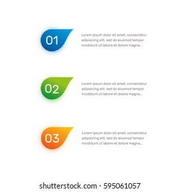 Layout workflow. Outline colorful menu for app interface. Number options. Web design of buttons elements. Infographics 1. 2. 3. vector template. Text illustration