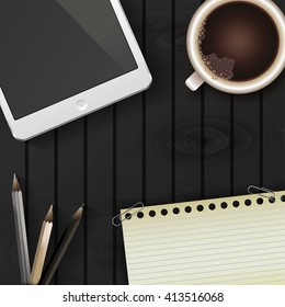 Layout workplace designer,artist,freelancer.Flat lay.Tablet PC notebook,sheet,pencils,cup of hot coffee on wooden desk.Top view, closeup.Workspace or coffee break with web surfing.Vector illustration.