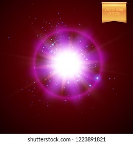Layout for your design. Realistic purple supernova explosion  with flare trails, light beams, explosive sparkles and halo effect on dark background.