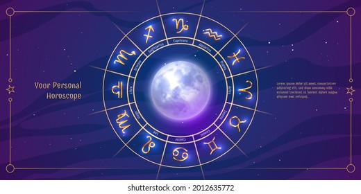 Layout of your personal horoscope with zodiac signs. Astrology prediction banner, poster, card, background with glowing astrological signs and moon inside vector illustration