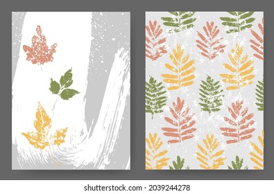 Layouts with an autumn design of natural shades in the grunge style. Silhouettes of autumn leaves on an abstract background with splashes and paint strokes.
