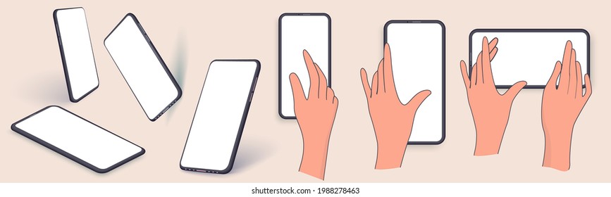 Layouts, mobile phone templates in various positions. Hand holding the phone. Application on touch screen device. Editable smartphone template vector illustration on isolated background