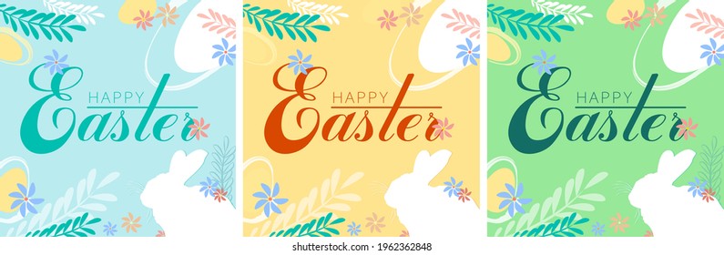 Layouts of postcards for the Easter holiday. Spring colors. Happy Easter! Congratulatory banner