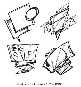 Layouts for sales, ribbons, zippers, geometric shapes. Vector black and white image.