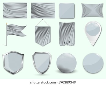 Layouts and templates for your design. Wavy flags and round buttons. Vector realistic Mock ups. Each item in an editable layers.