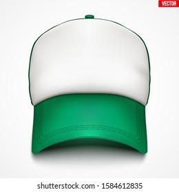 Layouts of trucker cap. A template simple example cap. Element of service apparel clothes. Front view. Editable Vector Illustration isolated on white background.